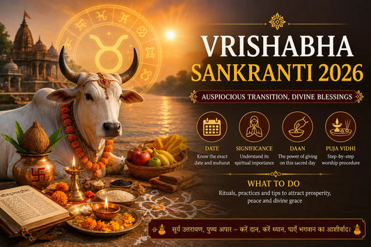 Sacred Vrishabha Sankranti 2026 festival scene with decorated white bull, diya, puja thali, temple by river, and spiritual offerings symbolizing Hindu rituals and prosperity.
