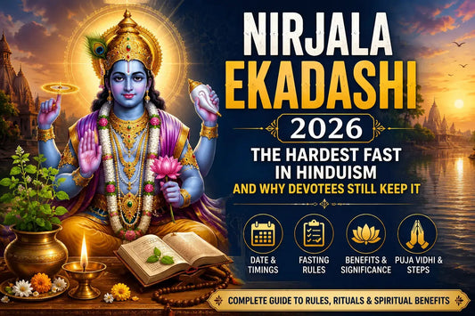 Lord Vishnu devotional artwork for Nirjala Ekadashi 2026 with Tulsi plant, diya, sacred scriptures, temple river background, and Hindu fasting symbolism