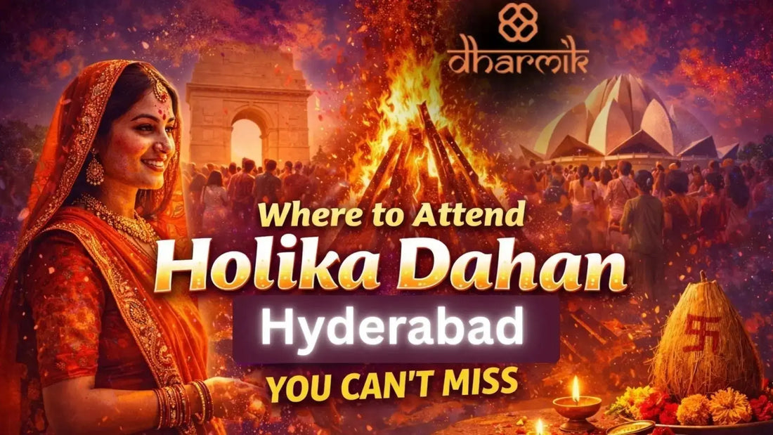 Holika Dahan celebration in Hyderabad with large bonfire, devotees gathered near India Gate-style monument and Lotus Temple backdrop during Holi festival night.
