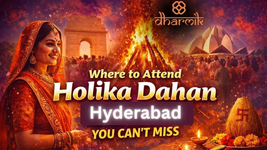 Holika Dahan celebration in Hyderabad with large bonfire, devotees gathered near India Gate-style monument and Lotus Temple backdrop during Holi festival night.