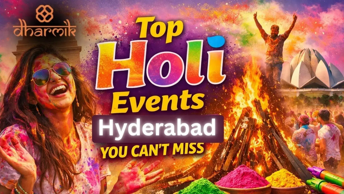 People celebrating Holi in Hyderabad with colorful gulal, large Holika bonfire, joyful crowd near Lotus Temple backdrop during Holi festival.