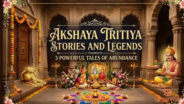 Akshaya Tritiya Stories and Legends featuring a golden temple courtyard, deities, worshippers, and symbols of eternal abundance.