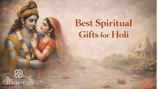 Radha and Krishna depicted in a serene devotional painting symbolizing divine love and harmony, with the text “Best Spiritual Gifts for Holi” on a soft spiritual background featuring lotus flowers and a temple landscape.