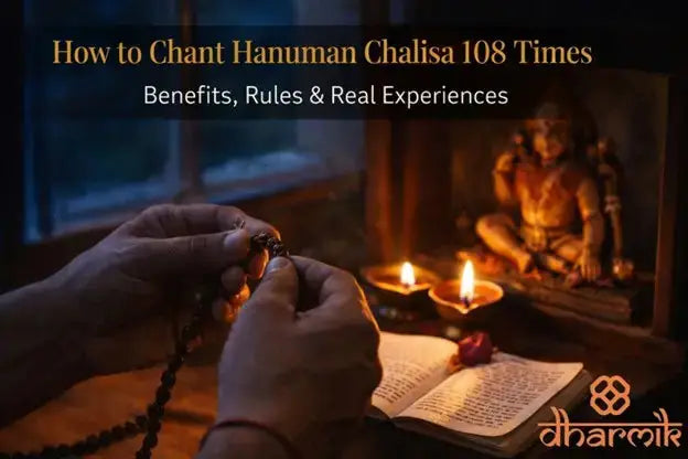 Person chanting Hanuman Chalisa 108 times with a rudraksha mala and lit diya in front of Hanumanji idol