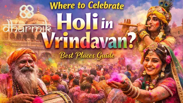 Colorful Holi celebration in Vrindavan featuring Lord Krishna artwork, a smiling woman holding gulal, a sadhu playing dhol, and a vibrant crowd covered in colors with temple backdrop.