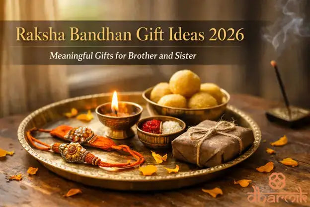 Rakhi puja thali with diya, marigold flowers, and sacred gifts - Raksha Bandhan gift ideas 2026.