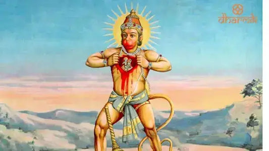 Hanuman opening his chest showing Lord Rama and Sita in his heart symbolizing devotion