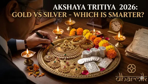 Akshaya Tritiya 2026 gold vs silver with jewelry and coins on pooja thali in festive lighting