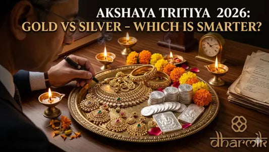 Akshaya Tritiya 2026 gold vs silver with jewelry and coins on pooja thali in festive lighting