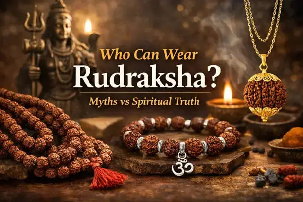 “Rudraksha malas, bracelet, and pendant placed on a sacred altar with a lit diya and a statue of Lord Shiva in the background, representing the topic ‘Who Can Wear Rudraksha? Myths vs Spiritual Truth’.”
