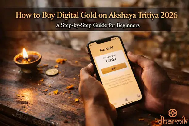 Person buying digital gold on a phone app on Akshaya Tritiya 2026 with a lit diya and gold coin nearby