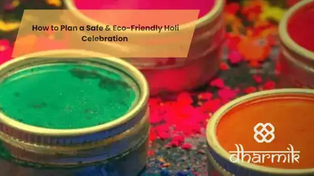 Eco-friendly Holi colors kept in metal containers with vibrant natural gulal, representing a safe and eco-friendly Holi celebration using sustainable and chemical-free colors.