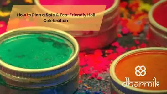 Eco-friendly Holi colors kept in metal containers with vibrant natural gulal, representing a safe and eco-friendly Holi celebration using sustainable and chemical-free colors.