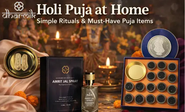 Holi puja at home setup featuring diyas, idols, Amrit Jal Spray, and essential puja items, showcasing simple rituals and must-have items for a traditional and devotional Holi celebration.