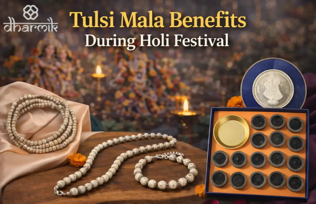 Tulsi mala and spiritual puja essentials displayed during Holi festival, symbolizing devotion, purity, and bhakti with a festive temple background.