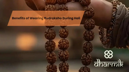 Rudraksha beads worn on the wrist symbolizing spiritual protection, balance, and positivity during Holi celebrations.