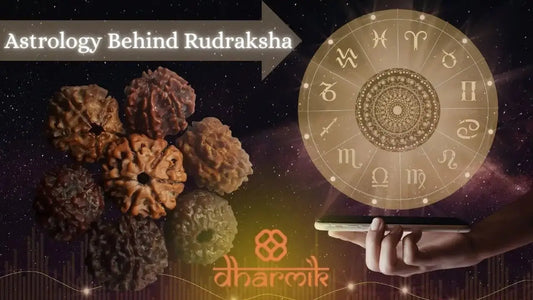 Astrology behind Rudraksha showing multiple Rudraksha beads alongside a zodiac wheel, symbolising the connection between Rudraksha and planetary energies in Vedic astrology.