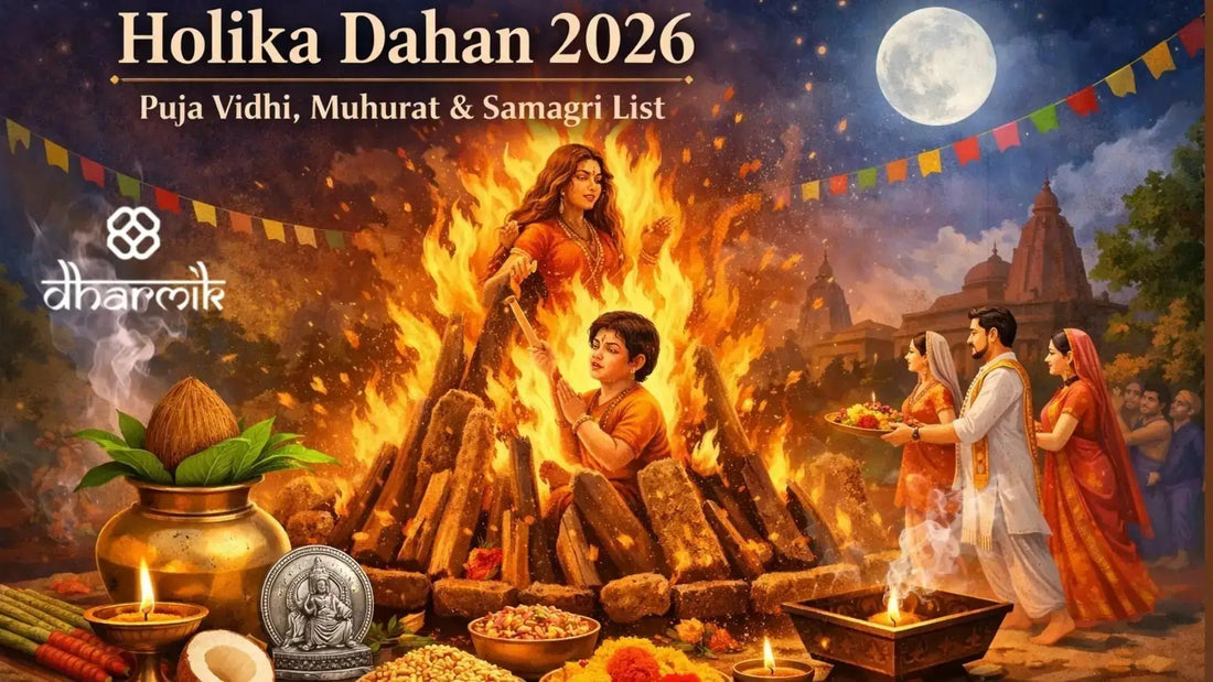 Holika Dahan 2026 ritual scene showing sacred fire, devotees performing puja, offerings like coconut and grains, and a calm devotional atmosphere symbolizing the victory of good over evil.