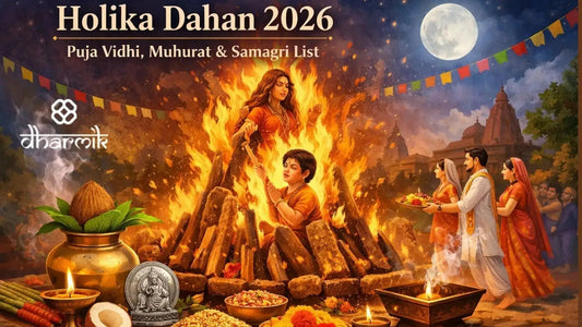 Holika Dahan 2026 ritual scene showing sacred fire, devotees performing puja, offerings like coconut and grains, and a calm devotional atmosphere symbolizing the victory of good over evil.