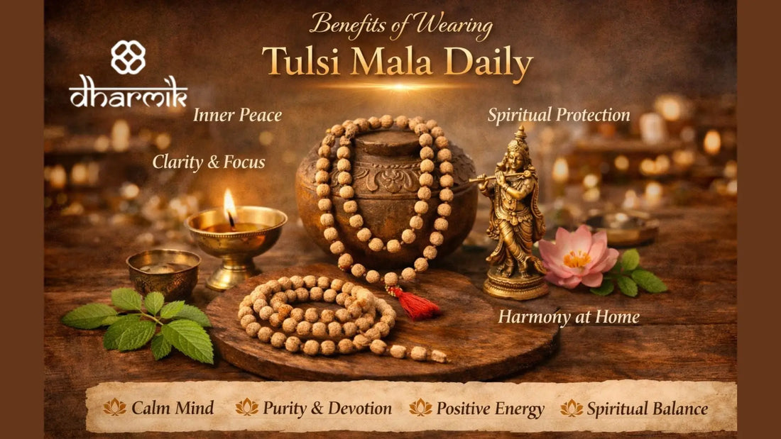 Tulsi Mala with brass diya and spiritual elements symbolizing the benefits of wearing Tulsi Mala daily for peace, devotion, and mindfulness.