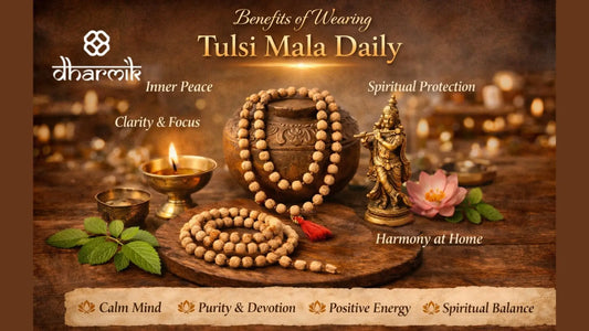 Tulsi Mala with brass diya and spiritual elements symbolizing the benefits of wearing Tulsi Mala daily for peace, devotion, and mindfulness.