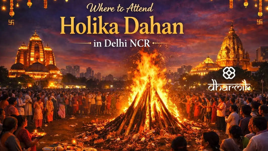 Holika Dahan celebration in Delhi NCR with a large ceremonial bonfire, devotees performing rituals, and illuminated temples in the background on the eve of Holi