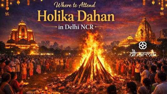 Holika Dahan celebration in Delhi NCR with a large ceremonial bonfire, devotees performing rituals, and illuminated temples in the background on the eve of Holi