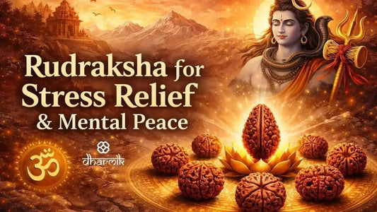 Rudraksha for stress relief and mental peace — horizontal image of Rudraksha beads, Lord Shiva, Himalayas, and temple background, showing benefits of wearing Rudraksha for anxiety and calmness.