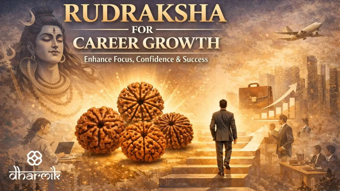 Rudraksha for career growth symbolizing focus, confidence, and professional success with spiritual guidance of Lord Shiva