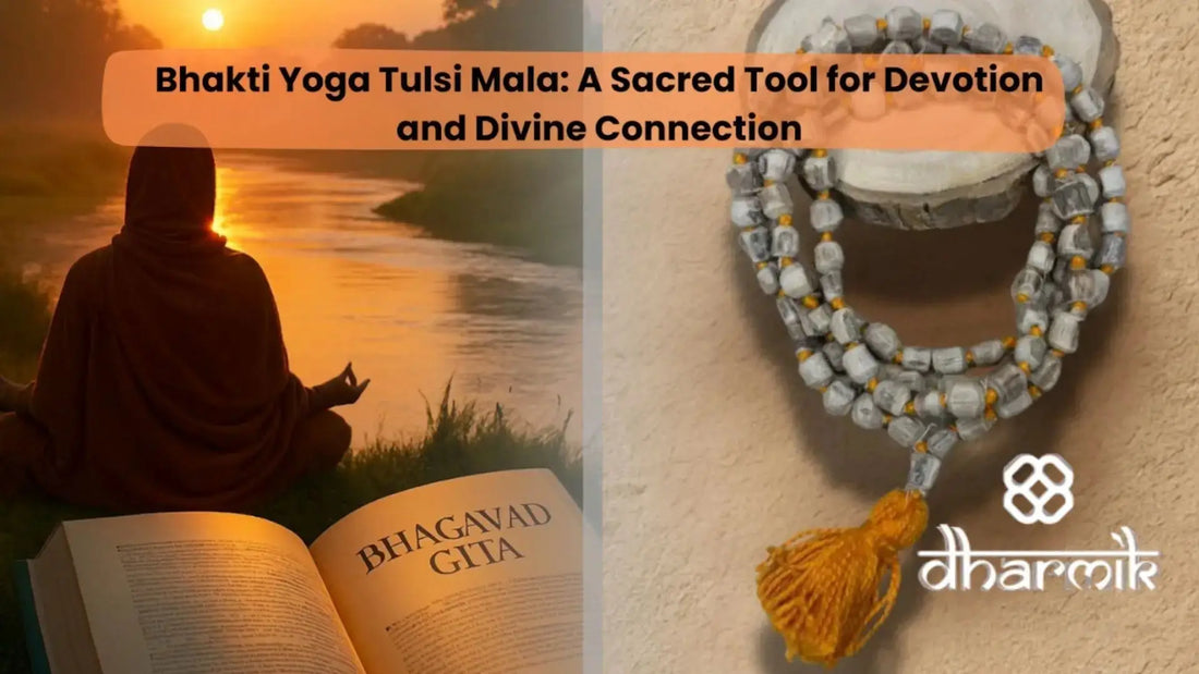 Bhakti Yoga Tulsi Mala displayed beside a meditating devotee reading the Bhagavad Gita at sunrise, symbolizing devotion, mantra chanting, and divine connection in spiritual practice.