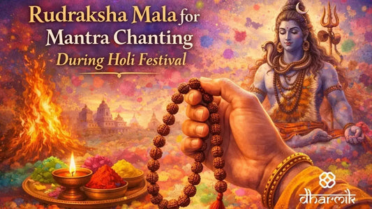 Devotee holding a rudraksha mala for Holi while chanting mantras, with Lord Shiva in meditation, Holika Dahan fire, and colorful Holi powders symbolizing spiritual Holi practices and rudraksha mala benefits.