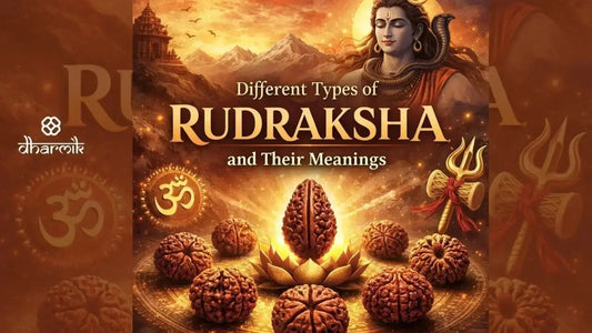 Different types of Rudraksha beads displayed with Lord Shiva in the background—1 Mukhi to 10 Mukhi Rudraksha meanings and benefits.