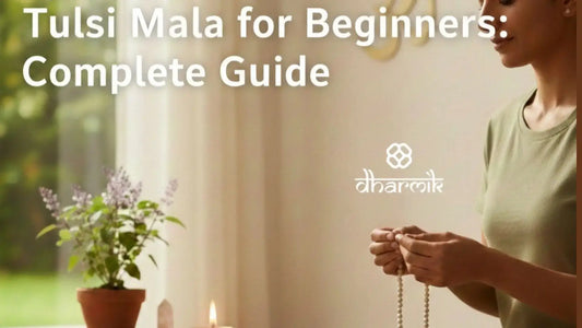 Beginner using a Tulsi mala for meditation with a Tulsi plant and diya in a calm devotional setting.