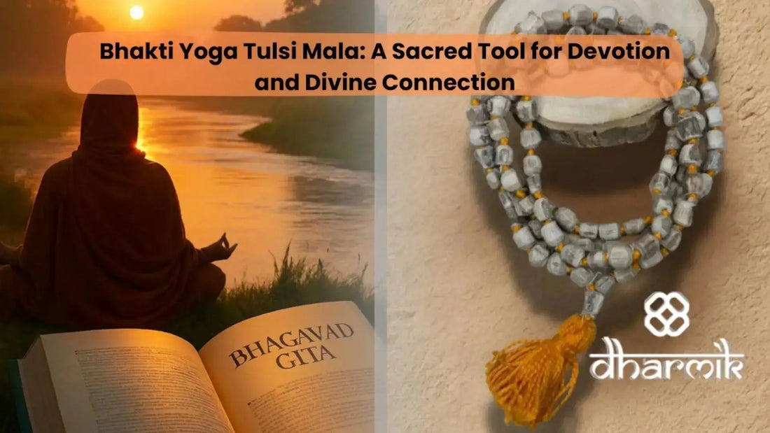 Bhakti Yoga Tulsi Mala displayed beside a meditating devotee reading the Bhagavad Gita at sunrise, symbolizing devotion, mantra chanting, and divine connection in spiritual practice.