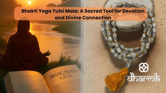 Bhakti Yoga Tulsi Mala displayed beside a meditating devotee reading the Bhagavad Gita at sunrise, symbolizing devotion, mantra chanting, and divine connection in spiritual practice.