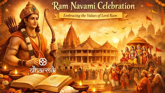 Ram Navami celebration illustration showing Lord Ram with bow and arrow, Ayodhya Ram Mandir temple, devotional procession, diyas, and sacred symbols representing Ram Navami in Ayodhya and across India.