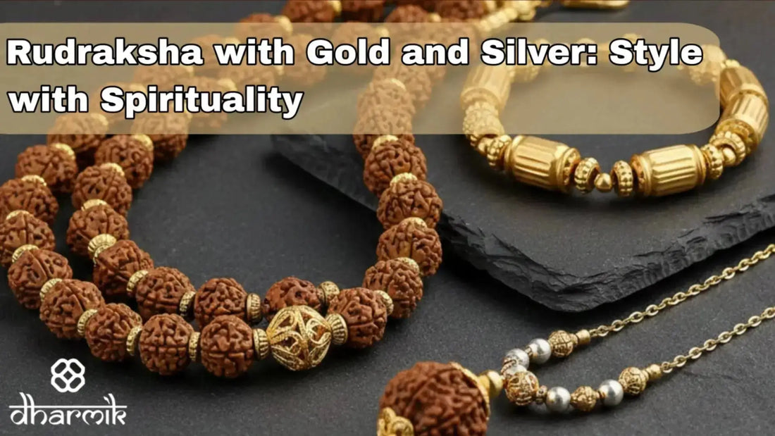 Rudraksha mala with gold and silver accents displayed with gold bracelet and pendant on a dark background.