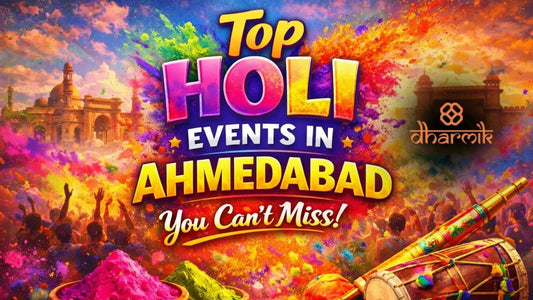 Vibrant Holi celebration in Ahmedabad with colorful gulal powders, festive crowd playing with colors, dhol drum and pichkari in foreground, city landmarks in background, and bold text “Top Holi Events in Ahmedabad You Can’t Miss”.