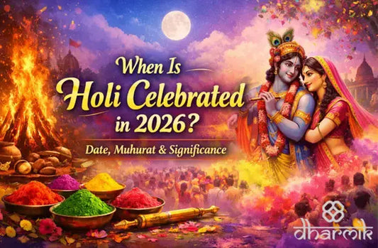 Radha Krishna with Holika dahan fireand gulal colors illustrating Holi 2026 date, muhrat and spiritual significance