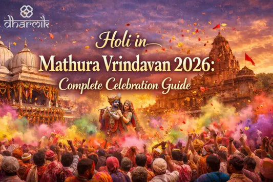Holi in Mathura vrindavan 2026 celebration guide banner showing devotees playing colors with radha krishna and temple background during braj holi festival