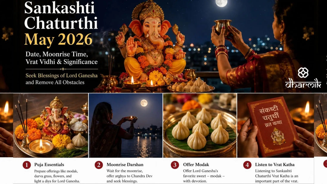 Sankashti Chaturthi May 2026 infographic showing Lord Ganesha puja, moonrise darshan, modak offerings, vrat vidhi, and spiritual significance