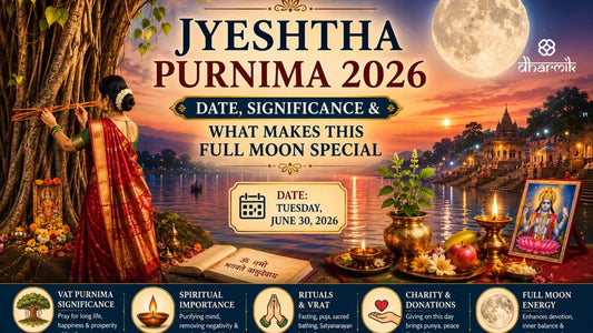 Woman performing Vat Purnima ritual under banyan tree during Jyeshtha Purnima 2026 with full moon, temple ghats, Vishnu worship, diyas, and sacred Hindu puja setup