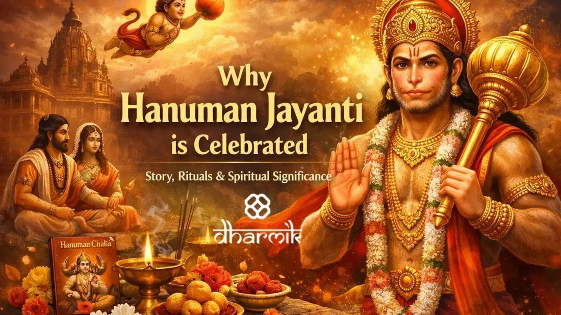 Illustration of Lord Hanuman with a golden mace and blessing gesture, featuring scenes of Ramayana, diya, flowers, and the text “Why Hanuman Jayanti is Celebrated” against a warm golden background.