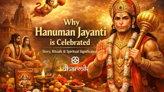 Illustration of Lord Hanuman with a golden mace and blessing gesture, featuring scenes of Ramayana, diya, flowers, and the text “Why Hanuman Jayanti is Celebrated” against a warm golden background.
