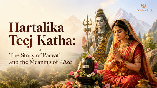 Hartalika Teej Katha featuring Goddess Parvati worshipping Lord Shiva beside a flower-decorated Shivling in a Himalayan setting