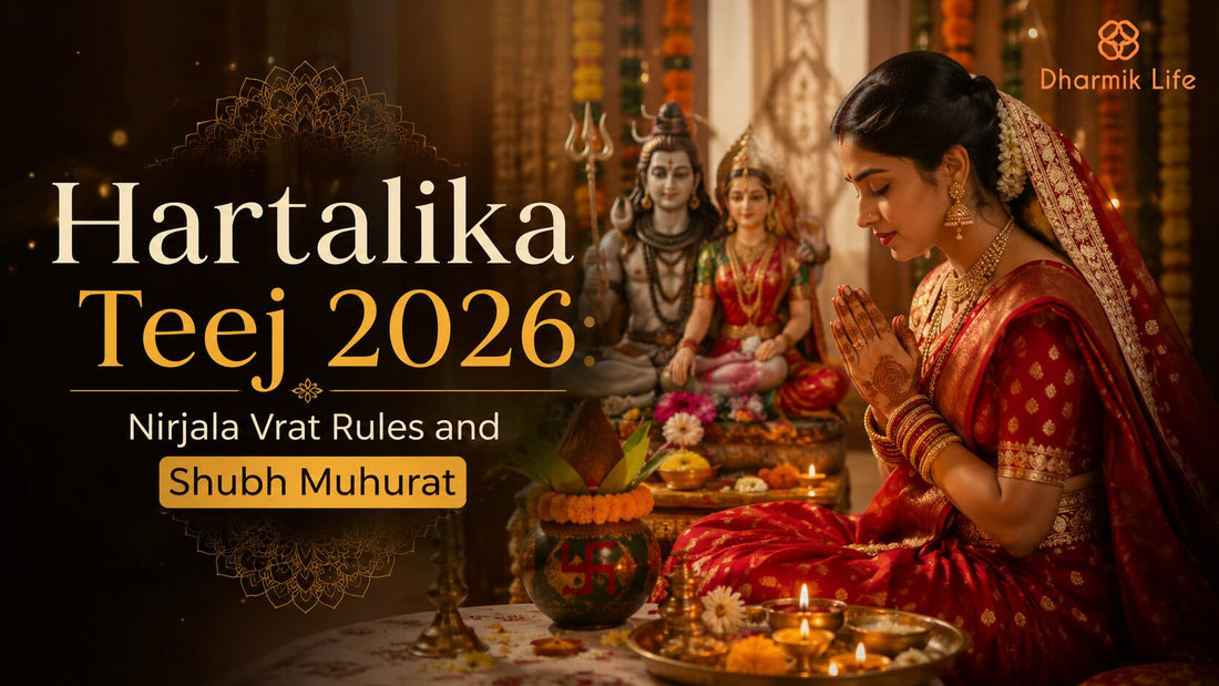 Woman in a red saree praying before Shiva-Parvati idols during hartaliak teej fast