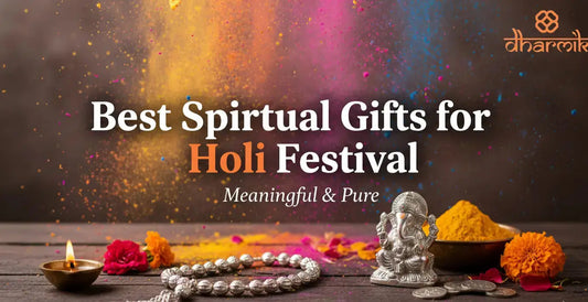 Holi-themed banner with colorful gulaal, silver Ganesh idol, tulsi mala, diya, and silver coins.