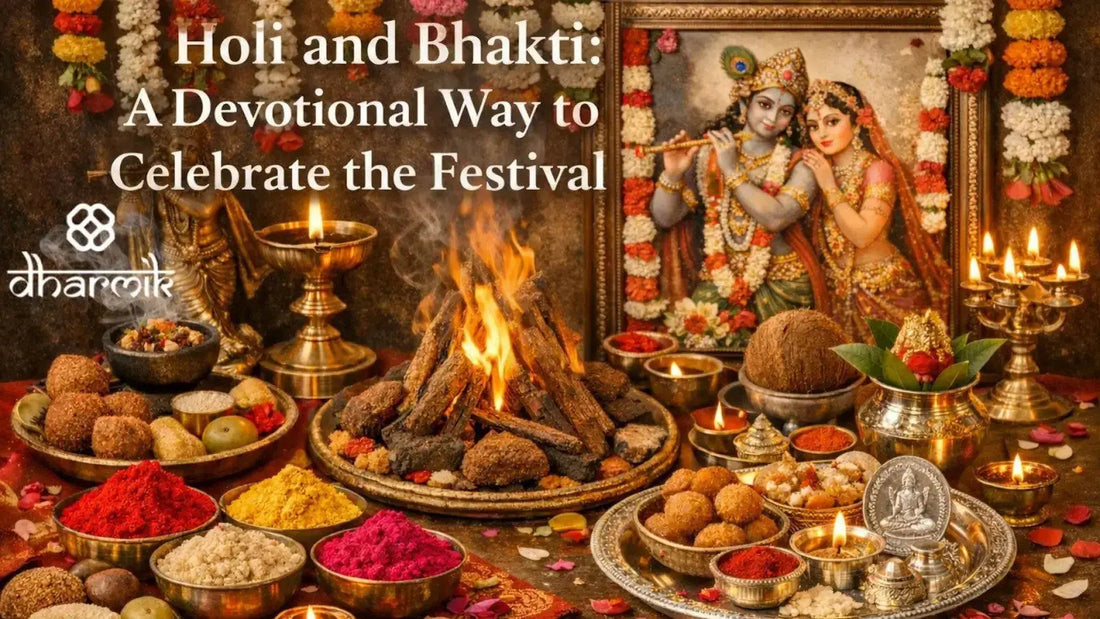 Devotional Holi celebration with flowers, puja items, and bhakti rituals  Spiritual Holi celebration with puja, prasad, and natural colours  Bhakti Holi inspired by Vrindavan with devotion and purity