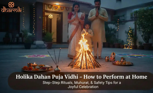Family performing Holika Dahan puja at home around a traditional bonfire.