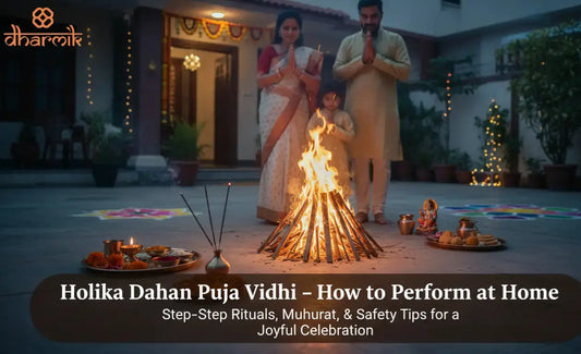 Family performing Holika Dahan puja at home around a traditional bonfire.